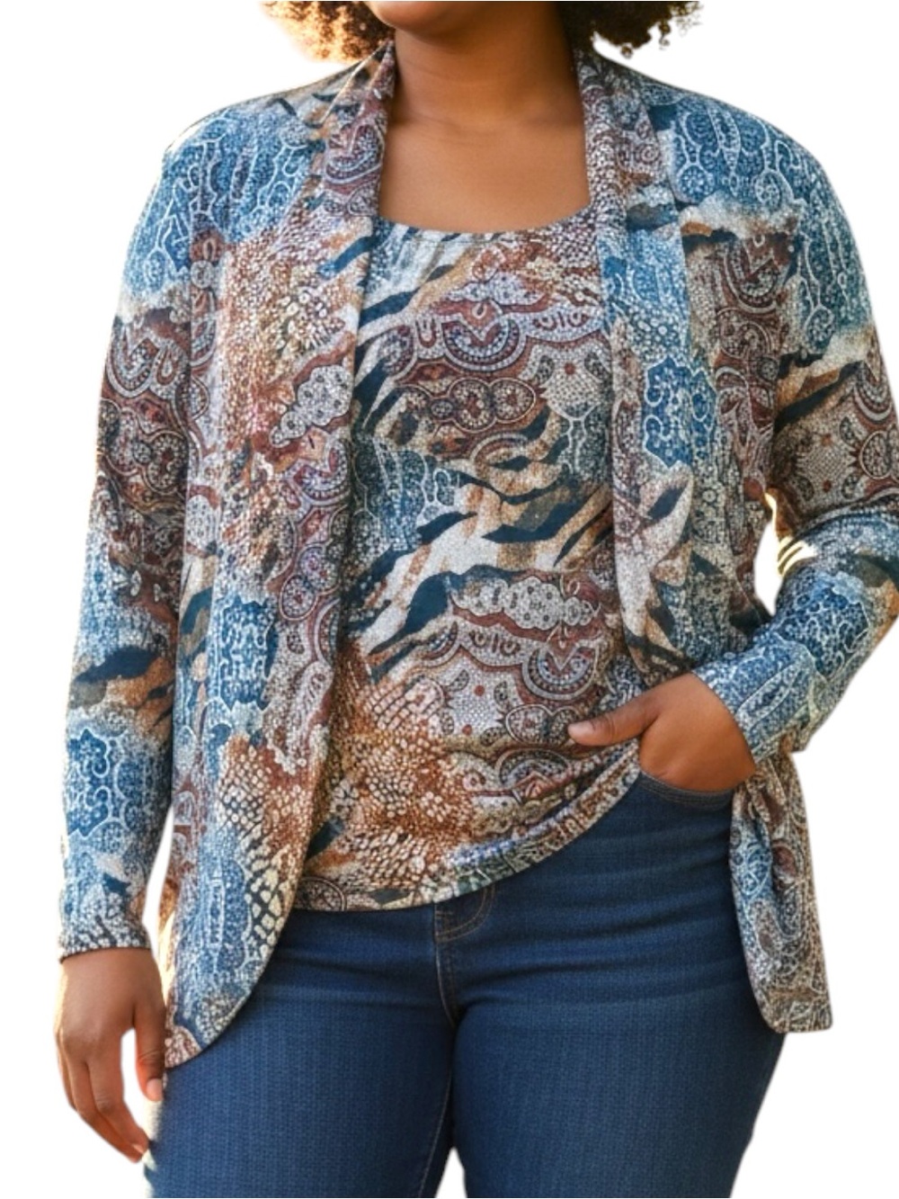 NEW NWT Alfred Dunner Sz 2X Blue Brown Knit Cardigan Attached Tank Set $68.50
